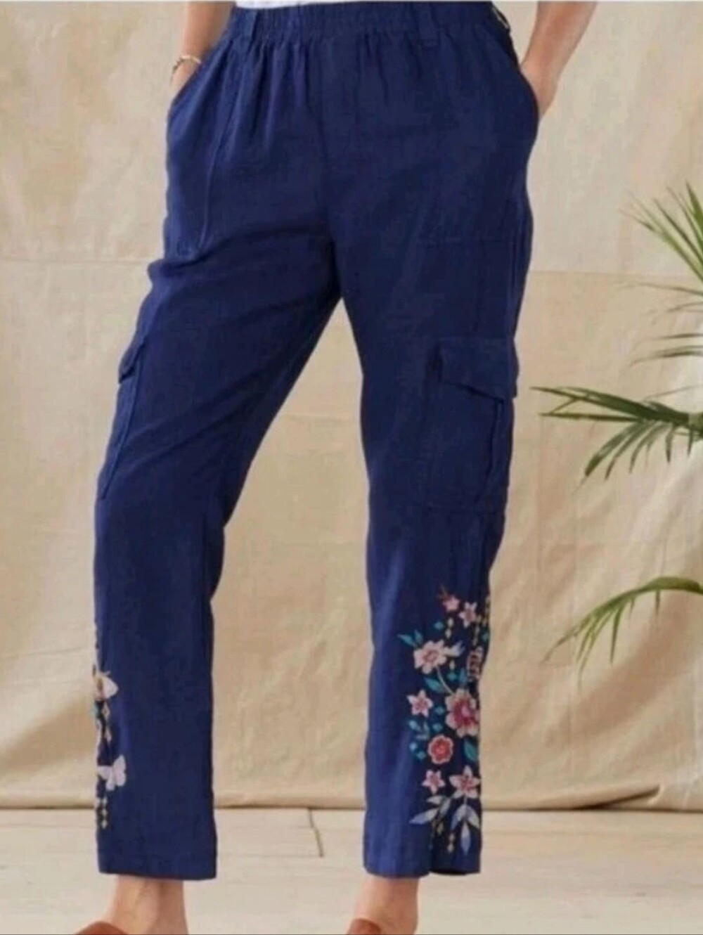Johnny Was JW Los Angeles Cargo Pant Small Navy Blue 100% Linen Embroidered